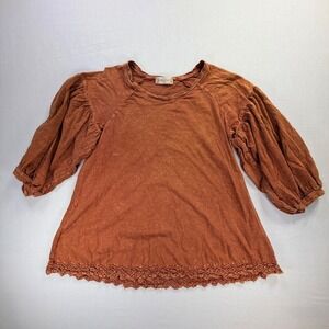 Altar'd State‎ Womens Orange Lace Trim Puff Sleeve Top Size S